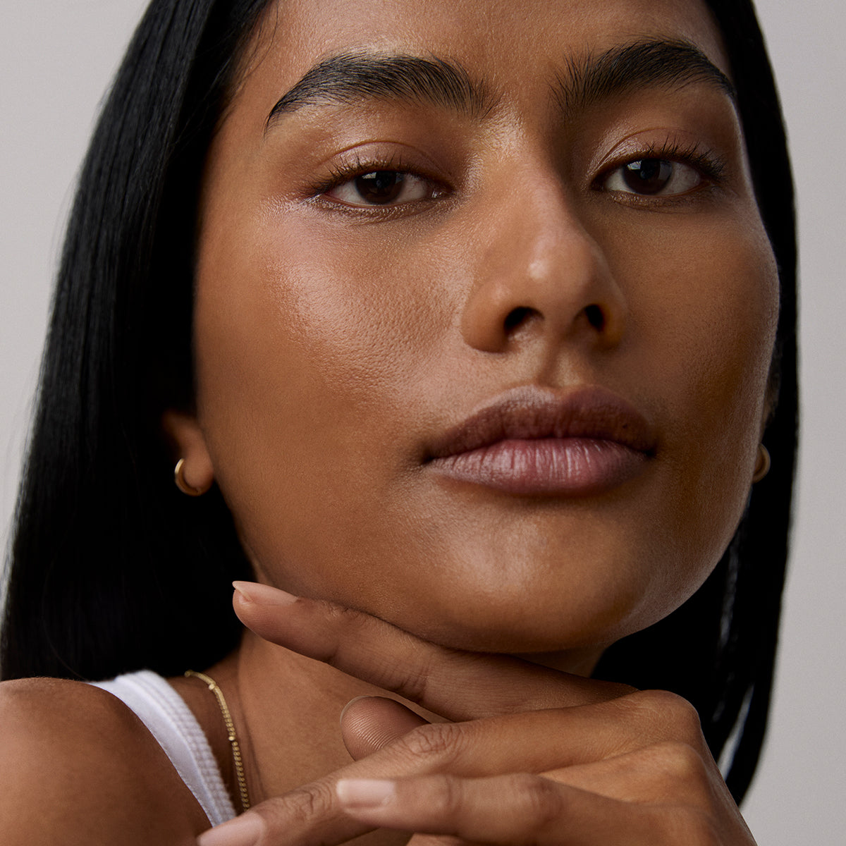 Model skin finish after using the Tatcha Silk Serum