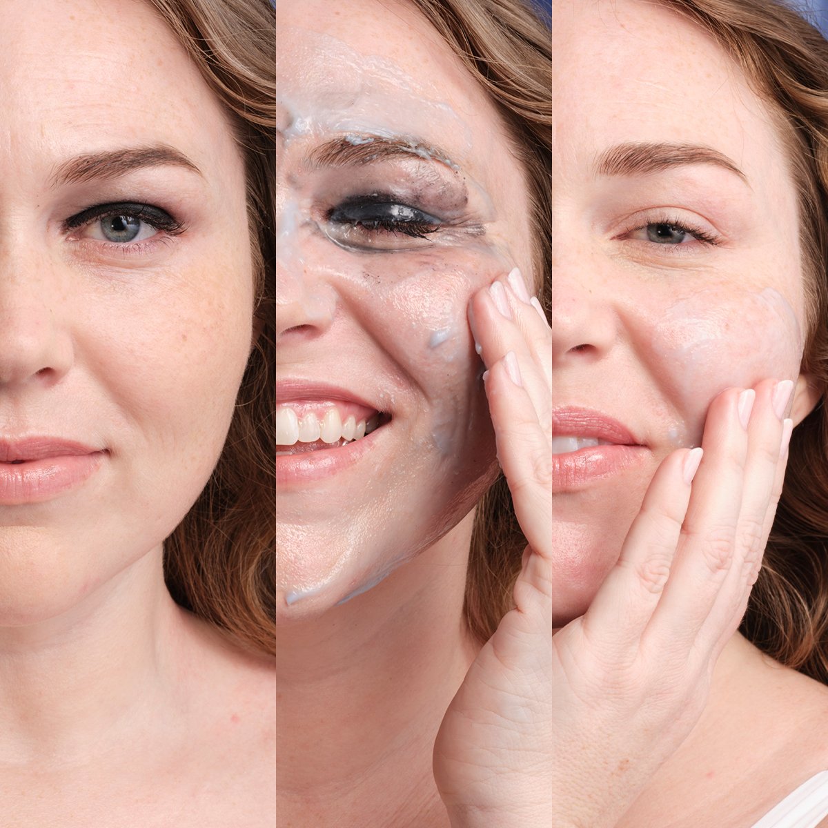 Triptych of woman applying Indigo Cleansing Balm