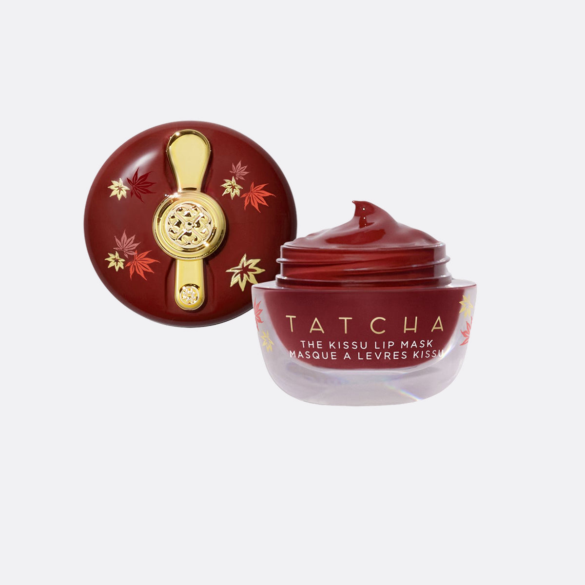 The Kissu Lip Mask in Japanese Maple Red with an open cap