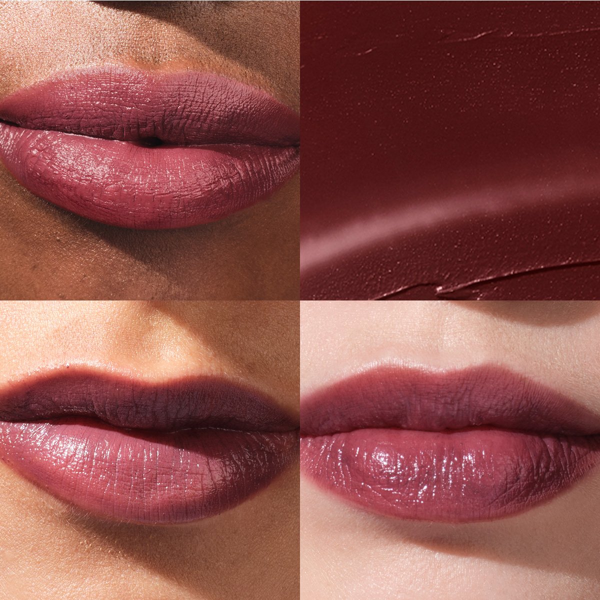 Showing The Kissu Lip Tint - Plum Blossom on three different models.